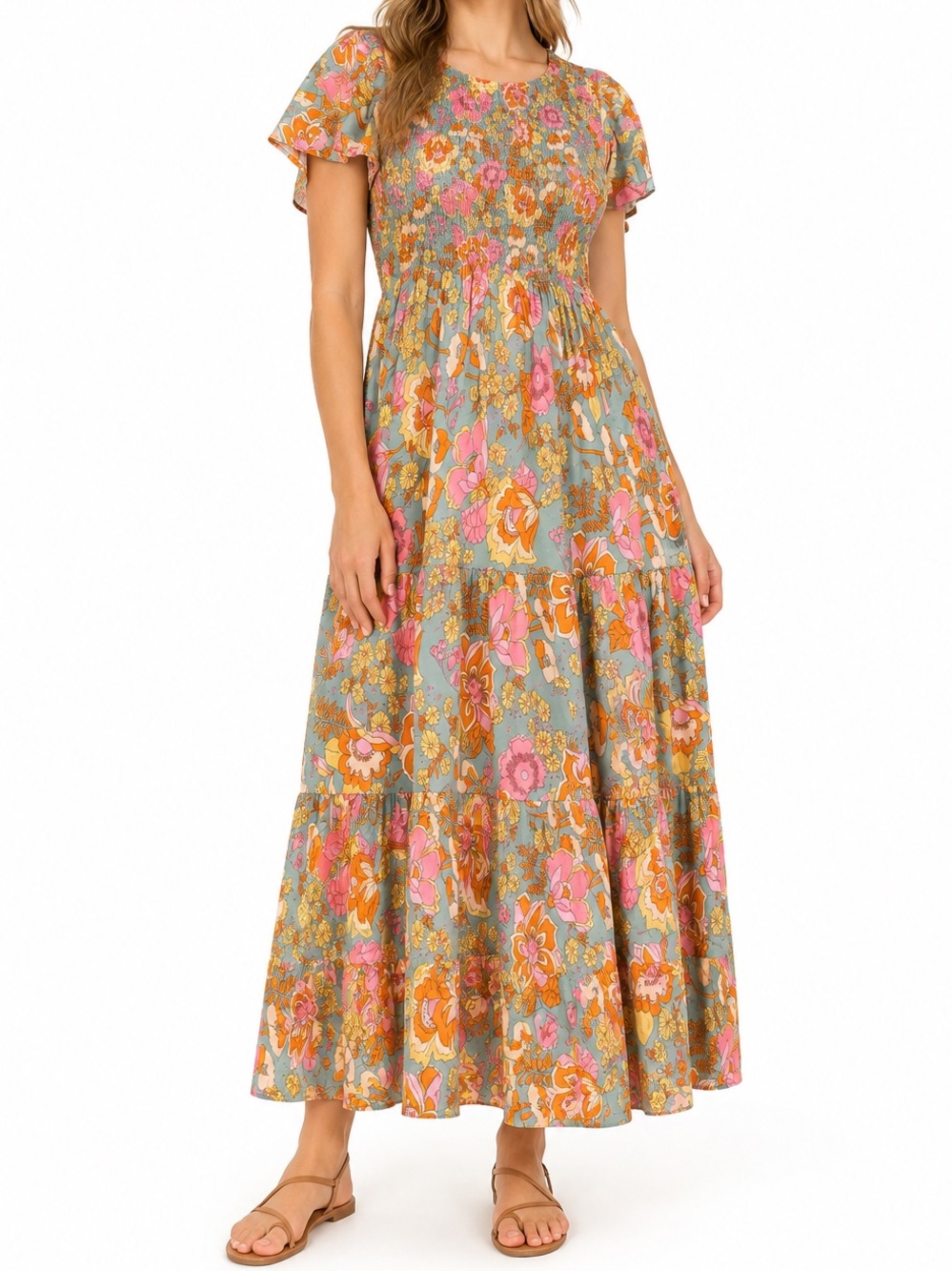 ZESICA Floral Smocked Maxi Dress Sage Green Boho Cottagecore Tiered Rayon
